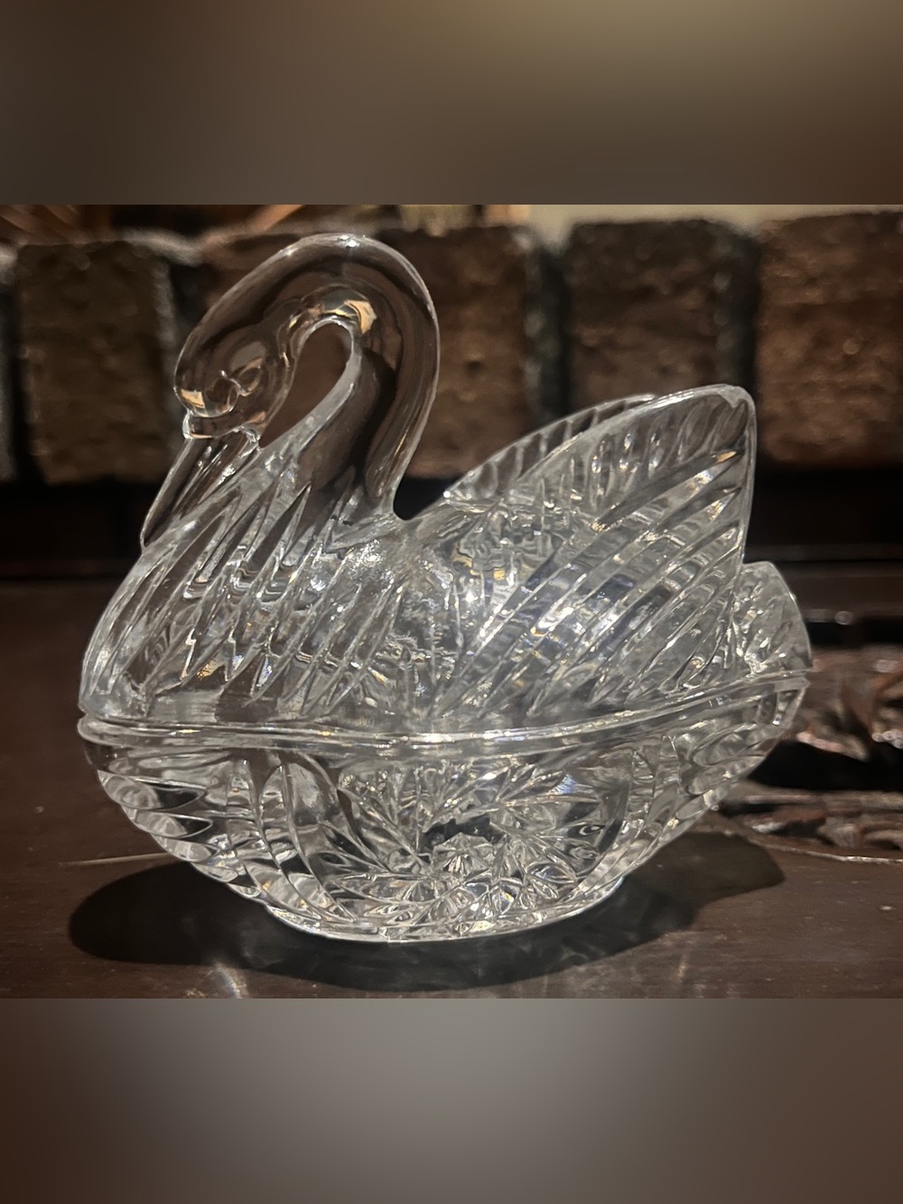 Vintage Cut Crystal Swan Covered Dish